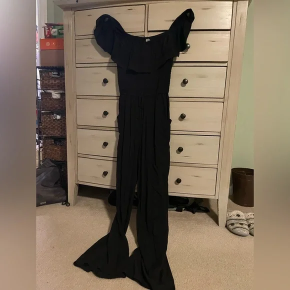 Juniors black jumpsuit- off the shoulder. Flowing relaxed leg fit. - Picture 2 of 3